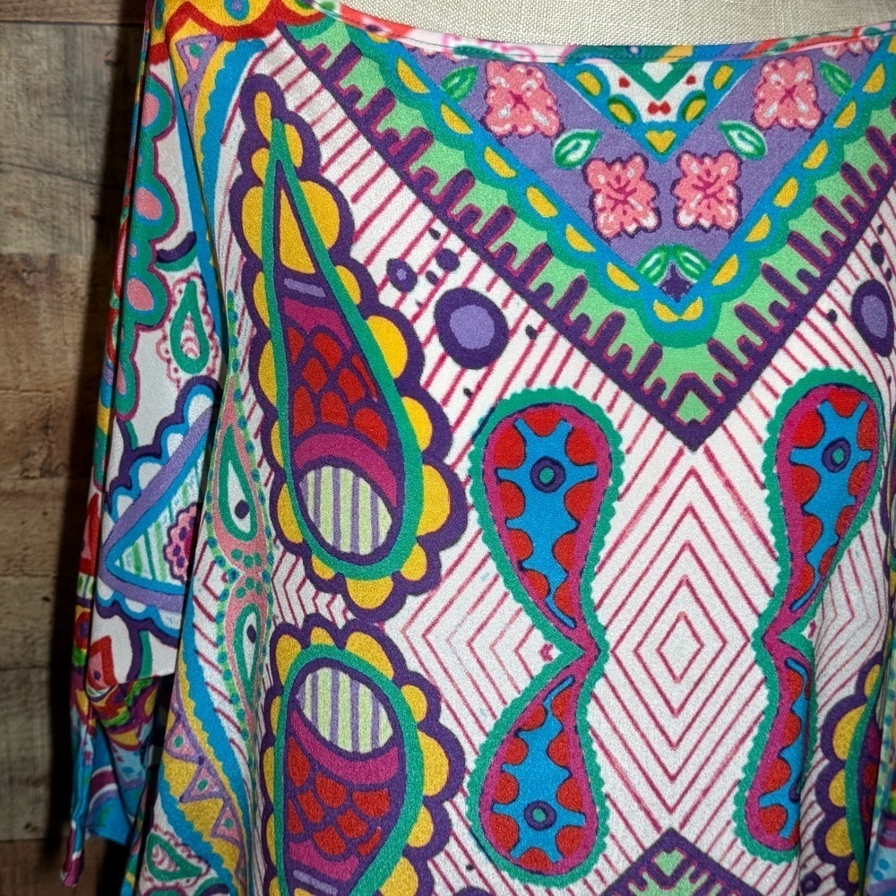 🌻 Analili Paisley Print Silk Tie Waist Boatneck Blouse Top size XS/S Retro Y2K - Picture 4 of 8